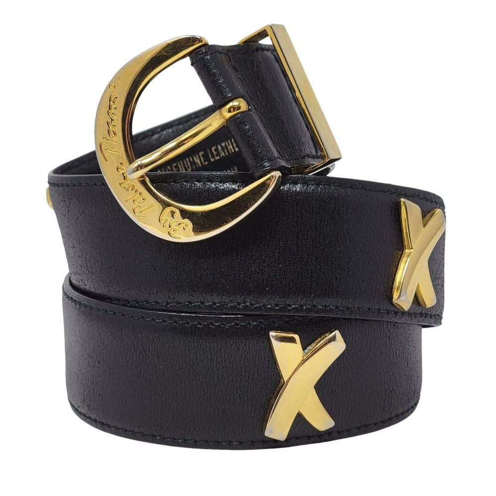 Paloma Picasso Vintage Black Leather Gold Tone X Belt, Small